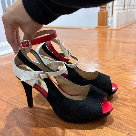 BOUTIQUE Red White Black Open Toe Sz 41 Formal Work Women's Heels Shoes Footwear - Picture 2 of 5